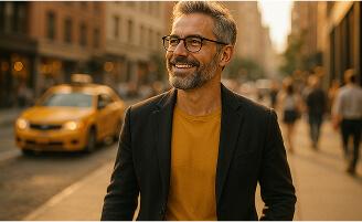 Homem sorrindo com camisa amarela